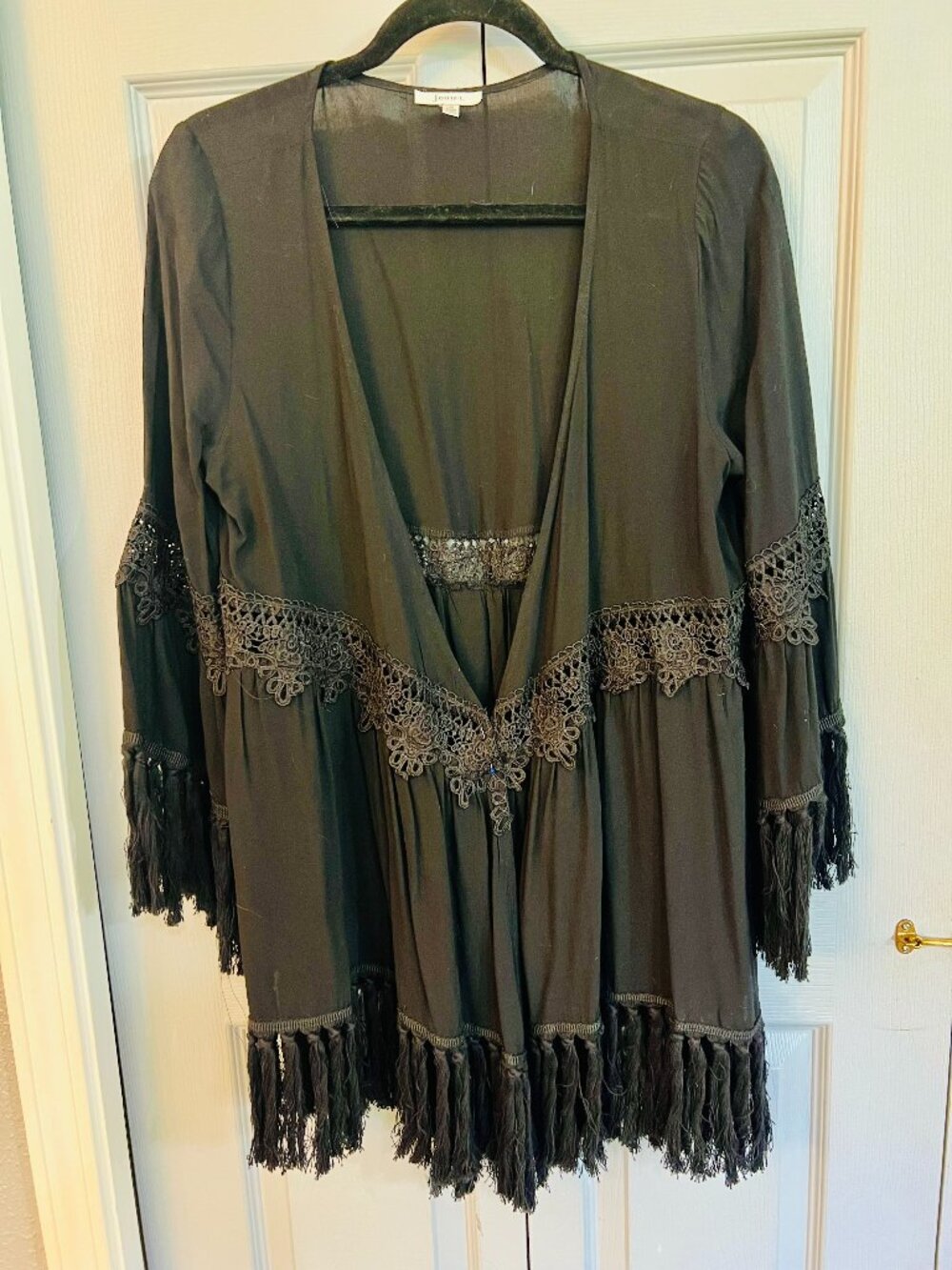Black Topper/Kimono with Crochet Lace & Fringe by Jodifl